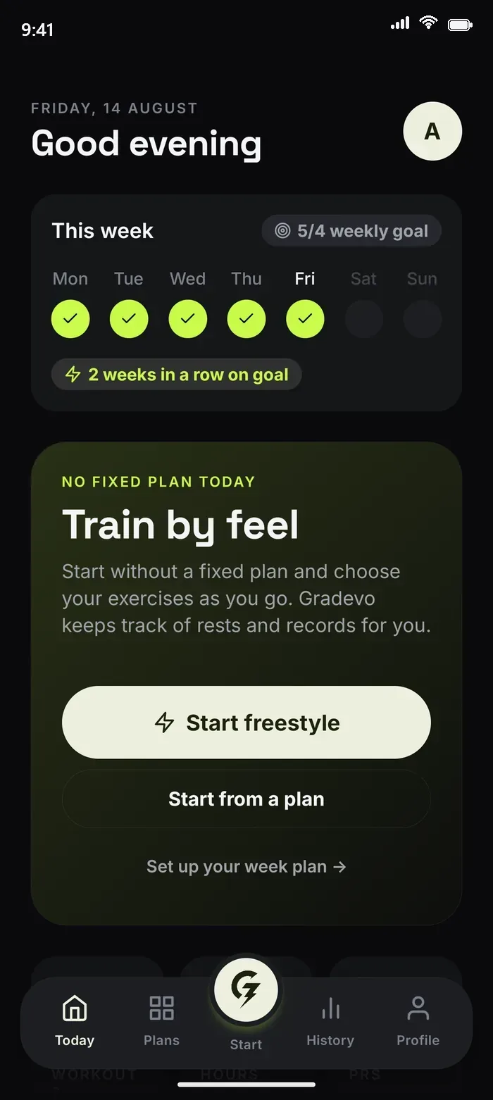 Gradevo home screen: weekly goal, streak and starting a freestyle session