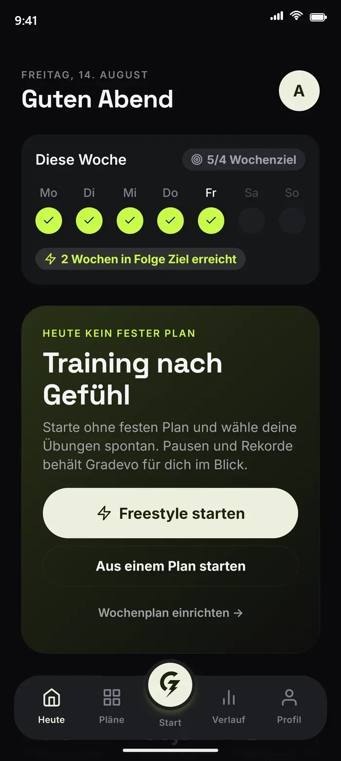 Gradevo Home-Screen: Wochenziel, Serie und Start in die Freestyle-Session