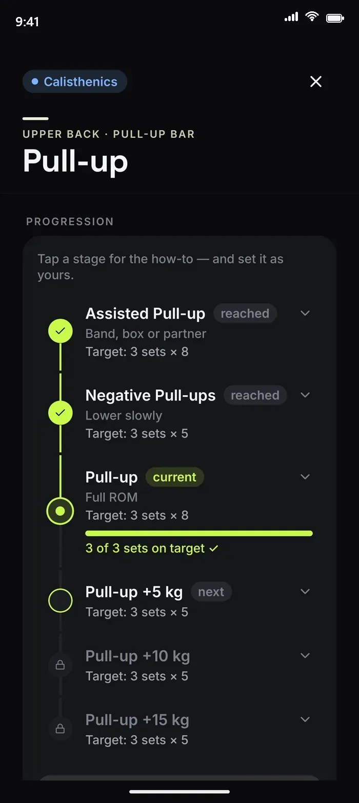 Pull-up progression ladder from assisted to weighted stages