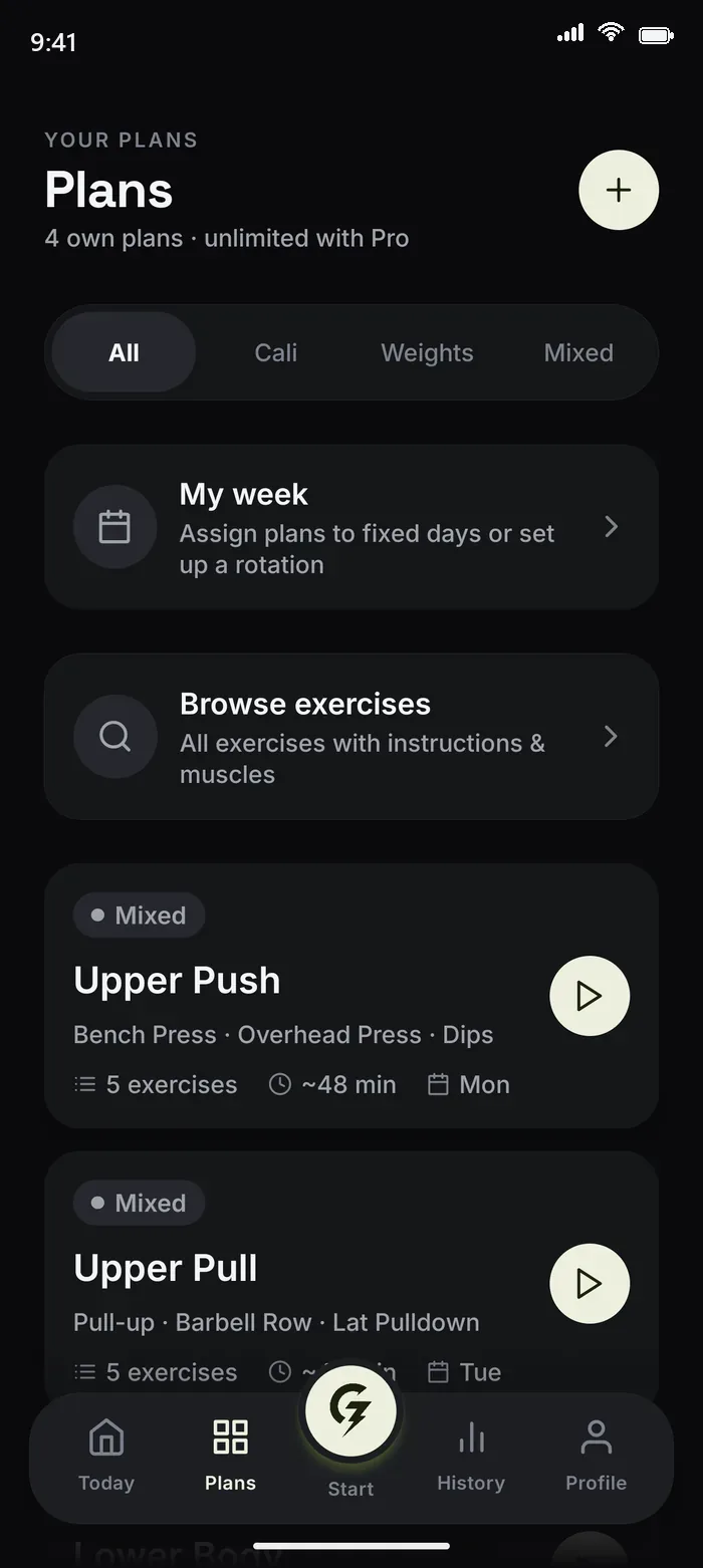 Your saved workout plans and the weekly planner