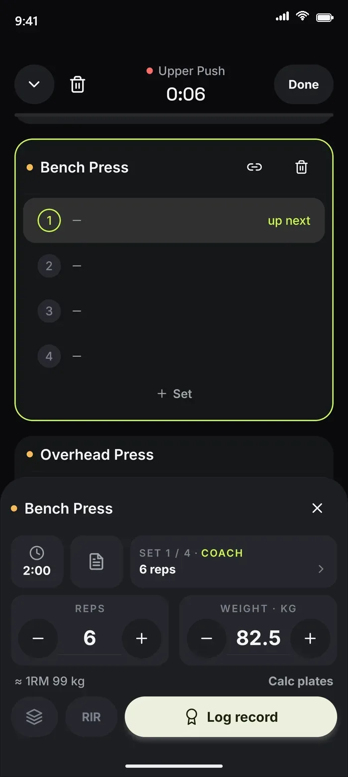 Live session: reps and weight input with the coach target