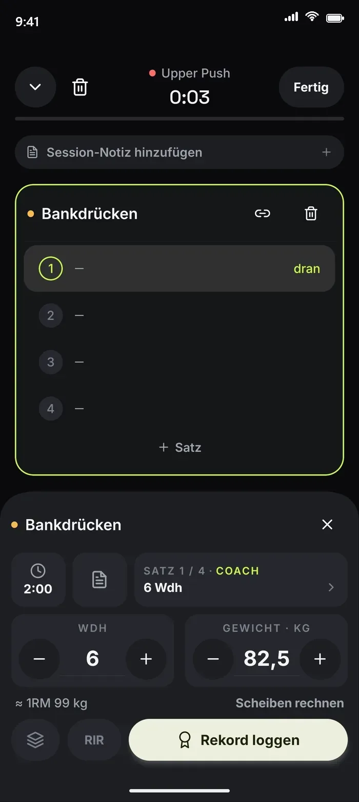 Laufende Session: Eingabe für Wiederholungen und Gewicht mit Coach-Ziel